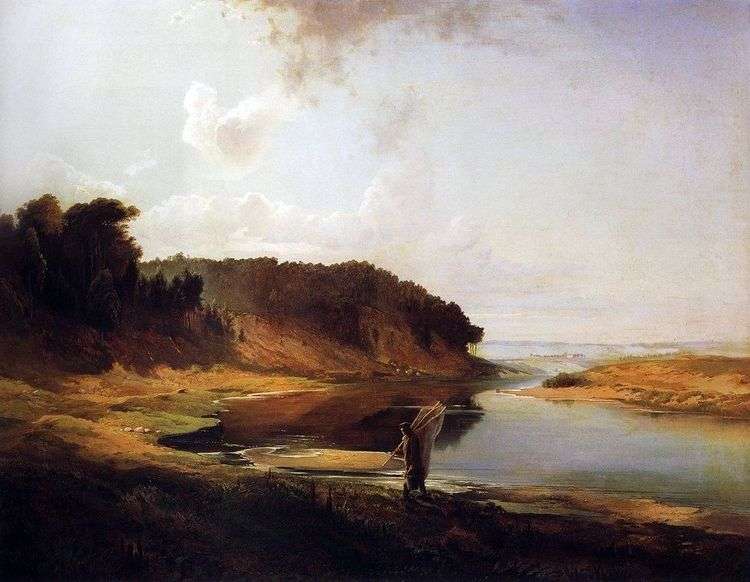 Пейзаж с рекой и рыбаком   Алексей Саврасов