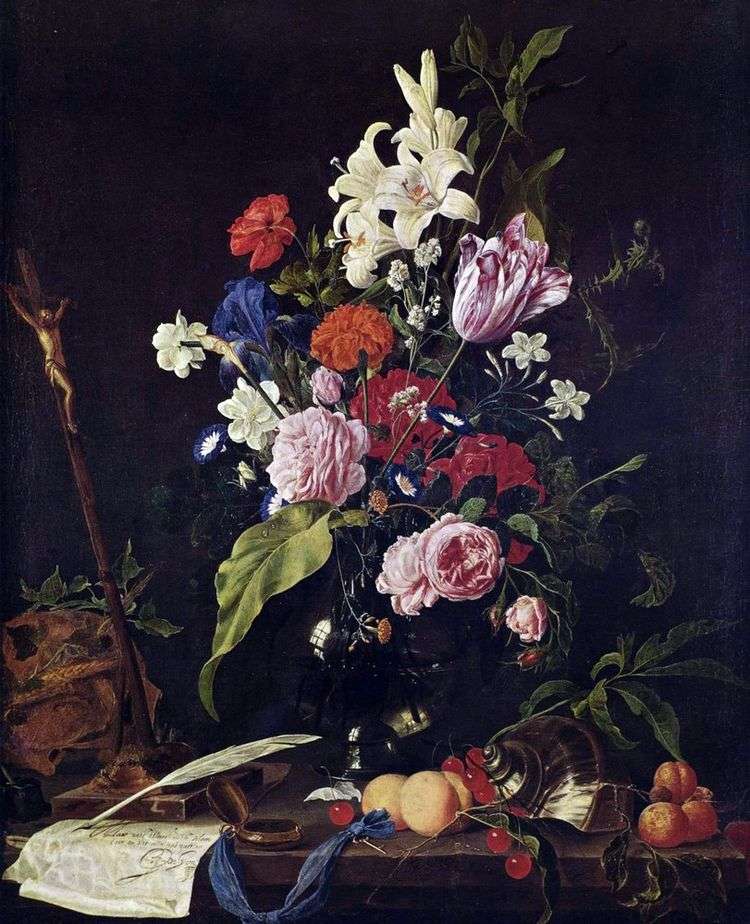 Цветы в стеклянной вазе и фрукты   Ян Давидс де Хем