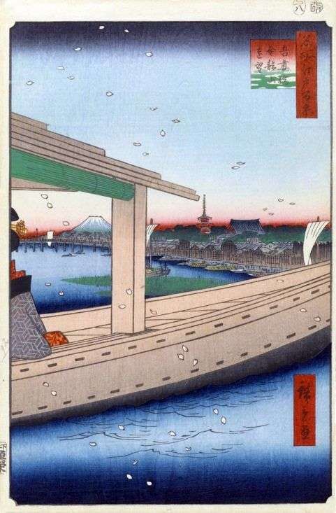 Вид на монастырь Кинрюдзан и мост Адзумабаси   Утагава Хиросигэ