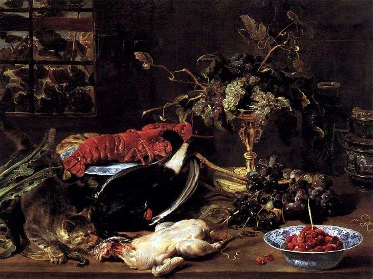 Натюрморт с голодной кошкой, омаром и фруктами   Франс Снейдерс